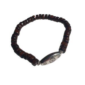 Wood Bead Stretch Bracelet Dark Brown Silver Tone Unisex Layer Adjustable Gift